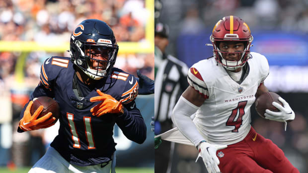 Left: Oct 1, 2023; Chicago, Illinois, USA; Chicago Bears wide receiver Darnell Mooney (11) runs the ball after a catch against Denver Broncos safety Delarrin Turner-Yell (32) during the second half at Soldier Field. Mandatory Credit: Mike Dinovo-USA TODAY Sports   Right: Dec 24, 2023; East Rutherford, New Jersey, USA; Washington Commanders wide receiver Curtis Samuel (4) gains yards after a catch during the second half against the New York Jets at MetLife Stadium. Mandatory Credit: Vincent Carchietta-USA TODAY Sports